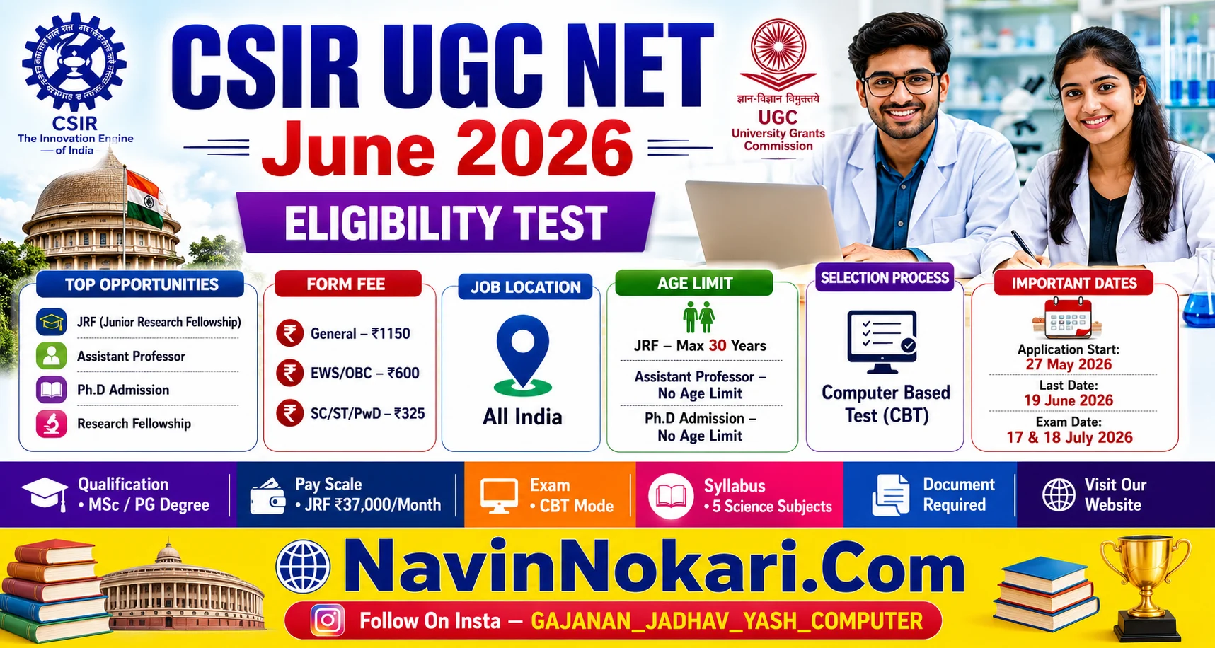 Joint CSIR UGC NET Exam 2026 (Various Posts) | संयुक्त CSIR-UGC NET ...