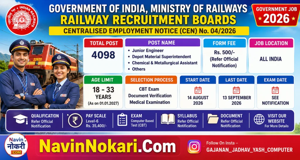 RRB JE Bharti 2026 (4098 Posts) आरआरबी कनिष्ठ अभियंता (JE) भरती 2026